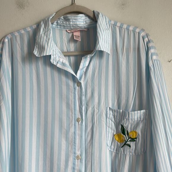 Victoria’s Secret lemon embroidered striped long line button up pajama shirt L - Picture 2 of 7